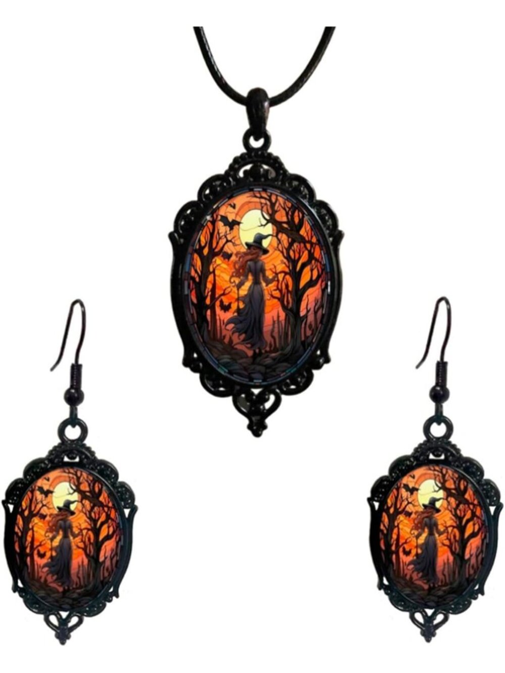 Women’s Witch Black Set Halloween Victorian Punk Gothic Witch Necklace Earrings